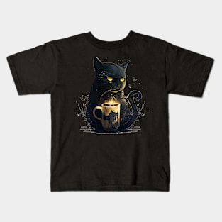 Black Cat Drinking Coffee, Coffee Cat Lover Kids T-Shirt